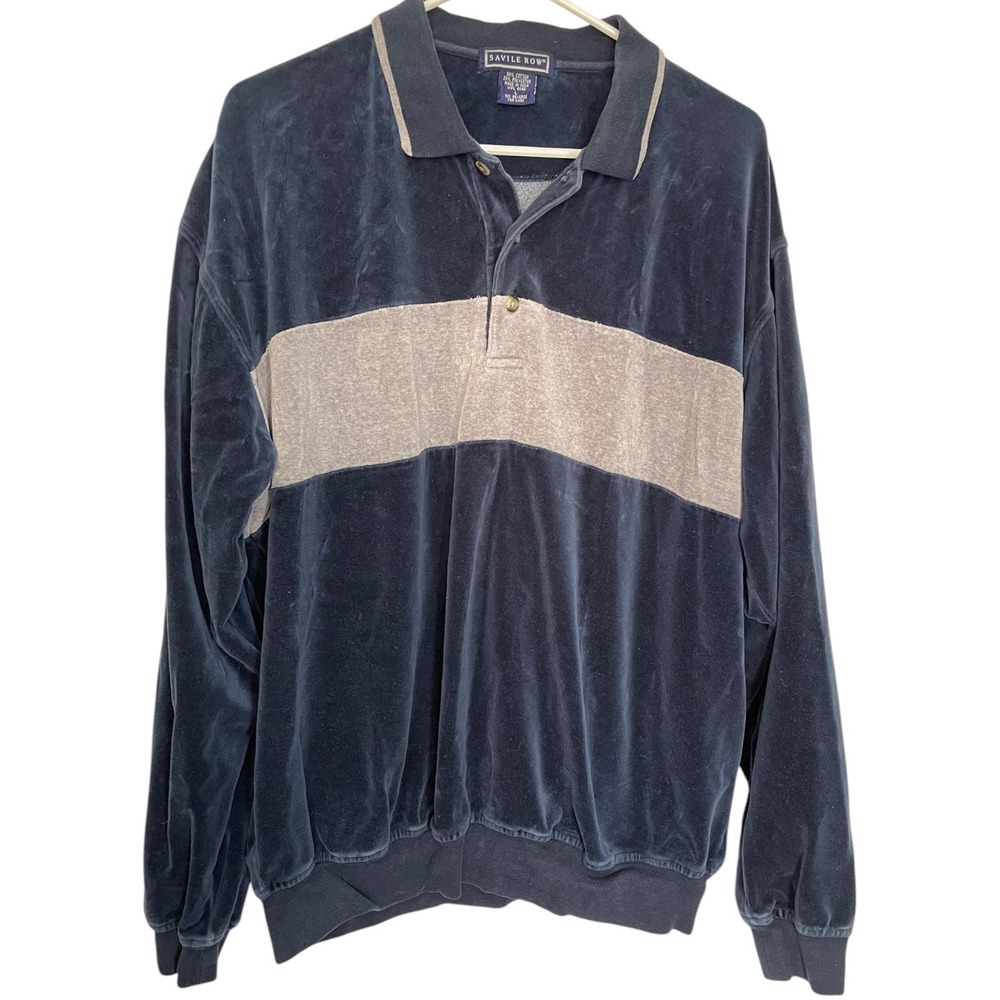 Savile Row L Navy Blue Velour Polo Shirt Long Sleeve Striped Retro Grandpacore